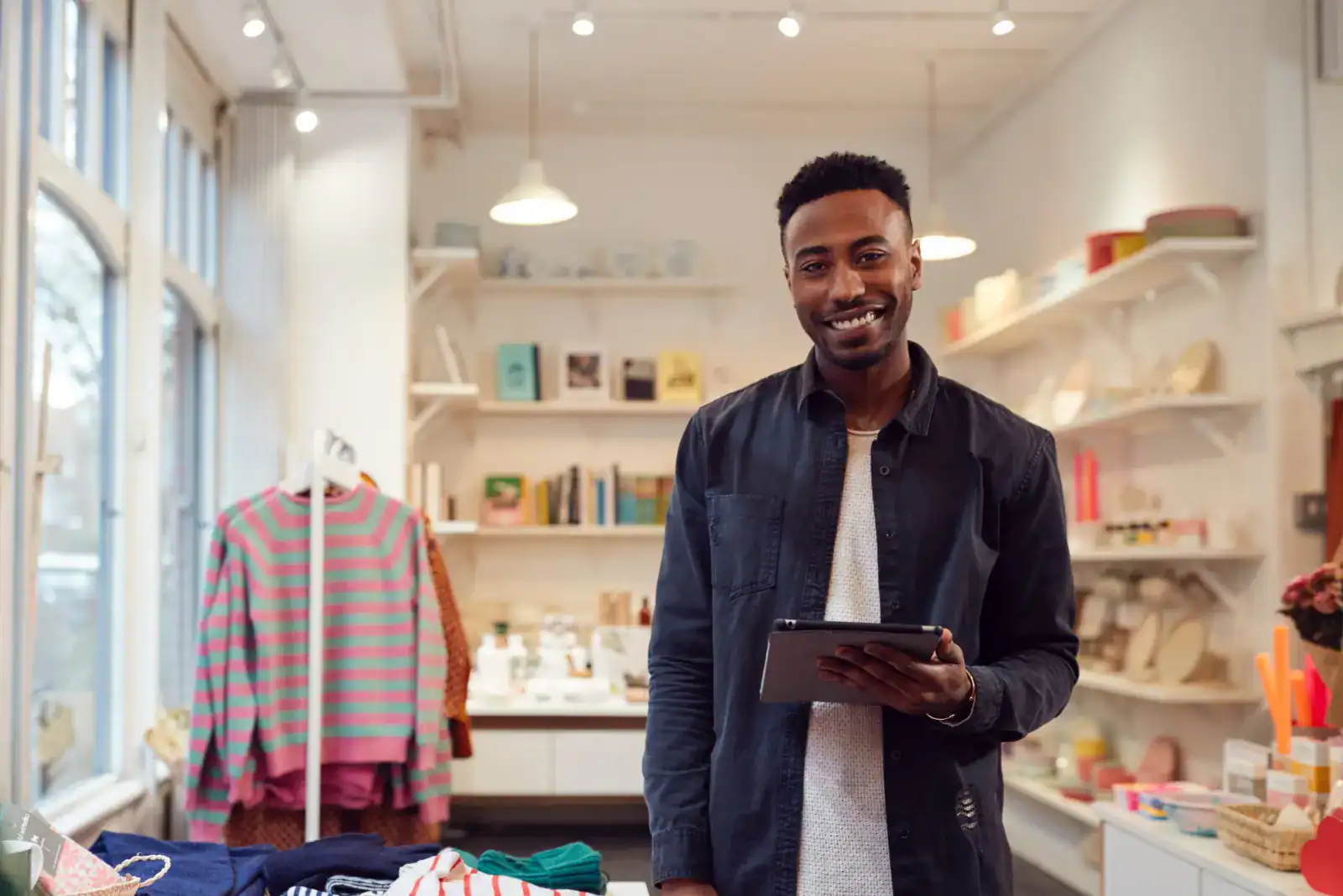 Man standing in a boutique clothing store holding a digital tablet, with shelves and racks of merchandise in the background.