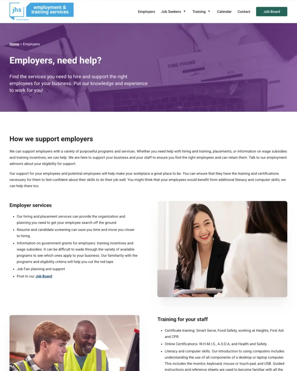 Screenshot of the jhsemploymentservices.ca employers page