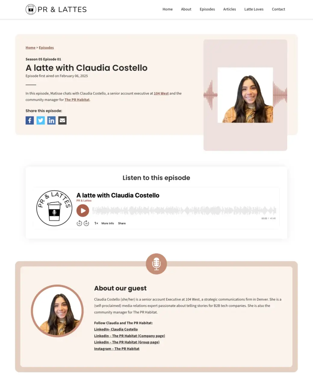 Screenshot of the prandlattes.com episode page