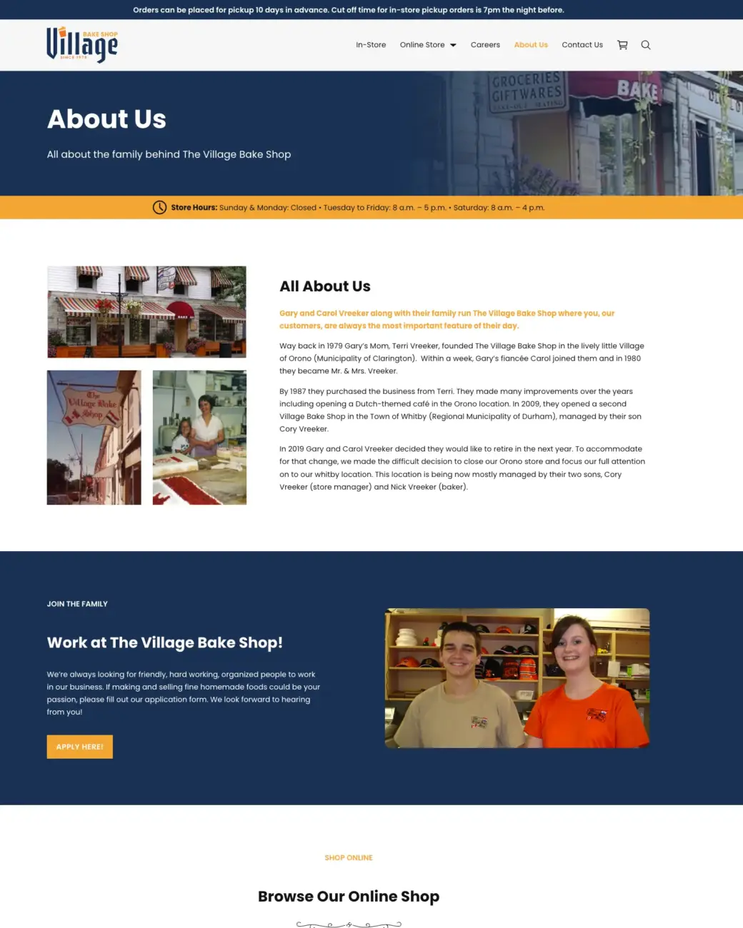 Screenshot of the villagebakeshop.ca about page