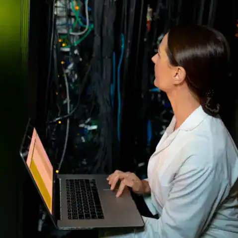 A woman in a white lab coat uses a laptop while inspecting server equipment in a data center.
