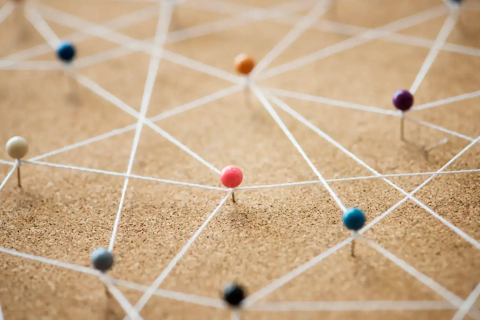 A corkboard with coloured pins connected by white string, forming a network of intersecting lines.
