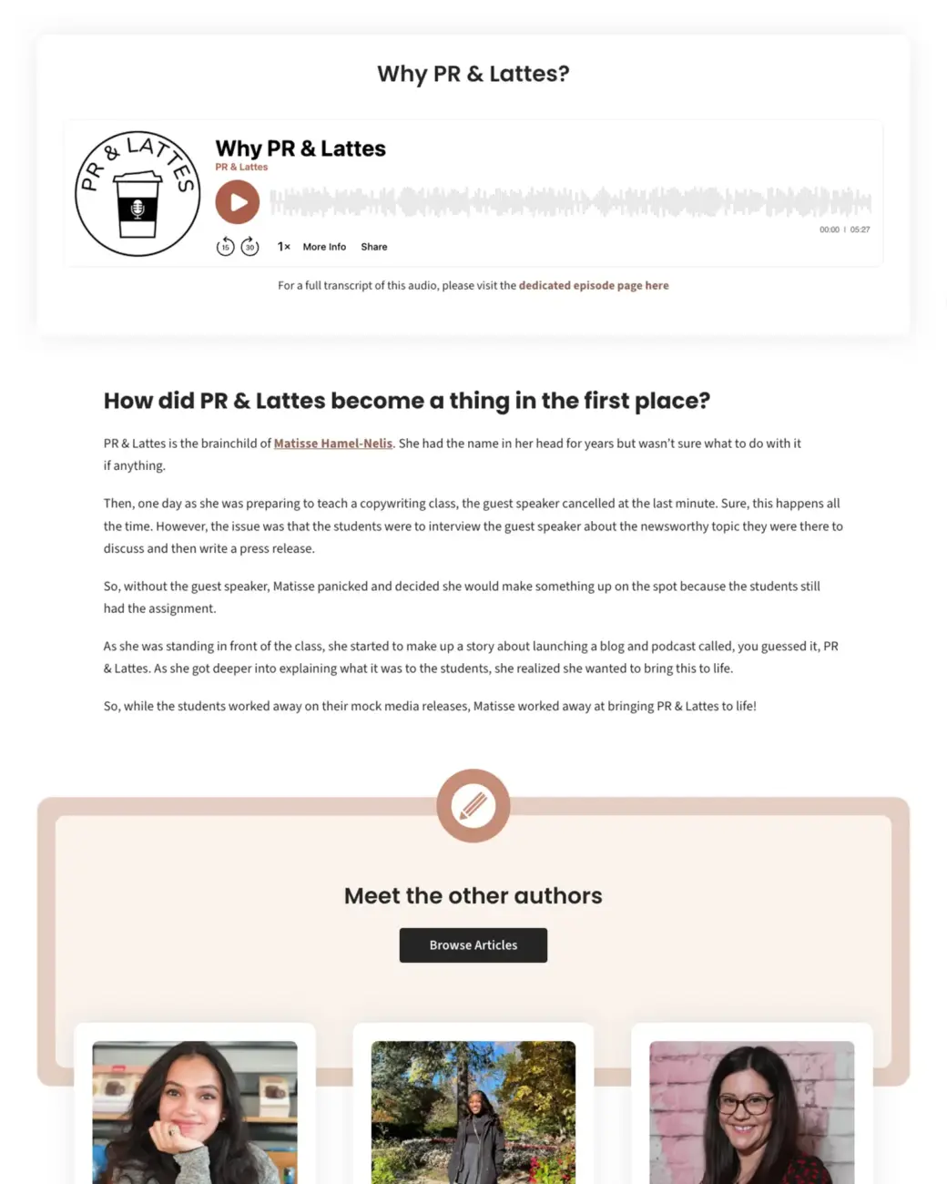 Screenshot of prandlattes.com About page
