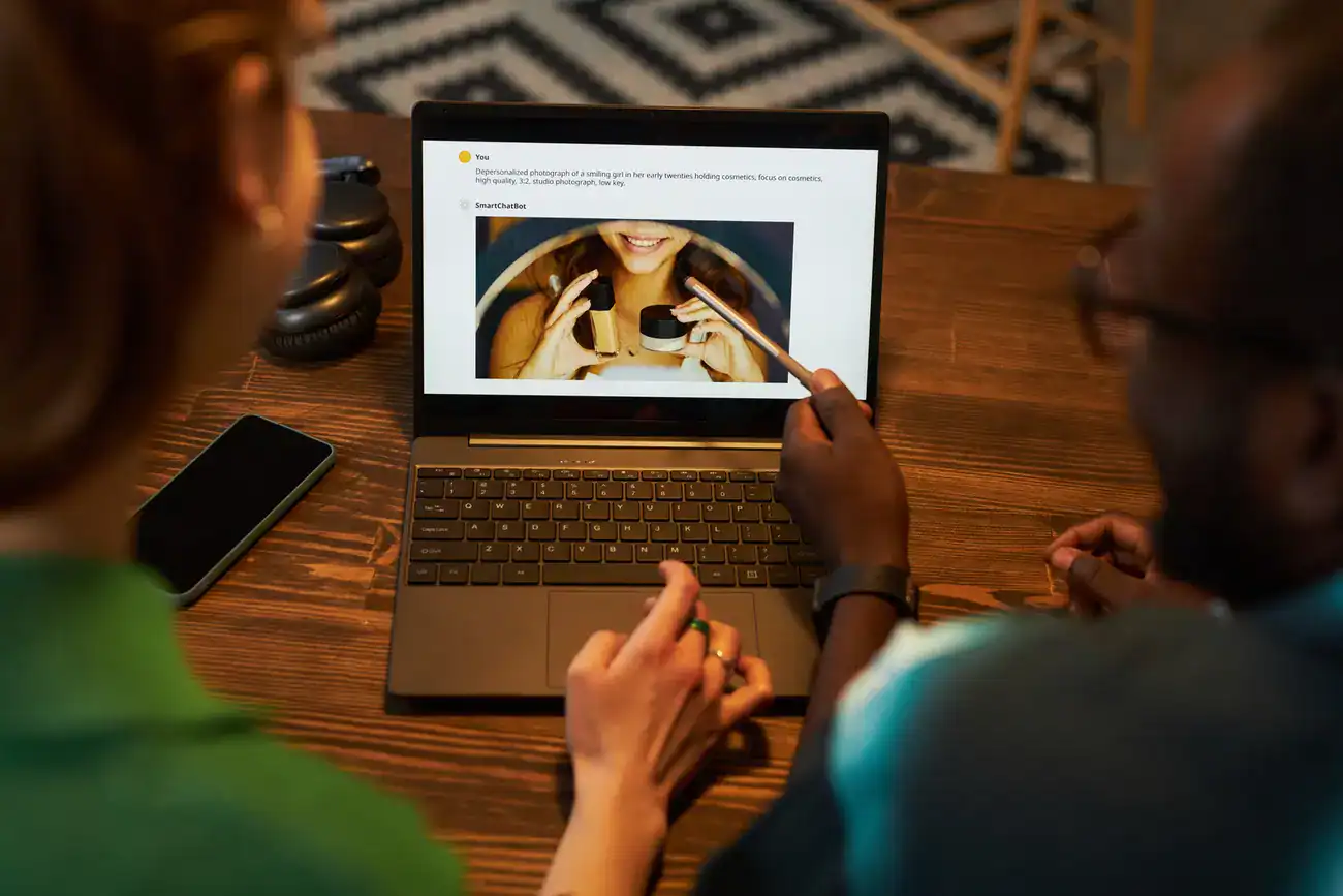 Two developers discussing the alt text for an image displayed on laptop screen